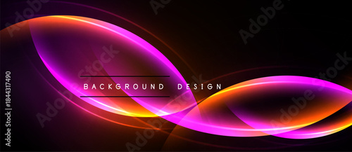 Abstract neon lines create dynamic flow. Bright orange, pink hues contrast dark background. Modern design element for presentations.