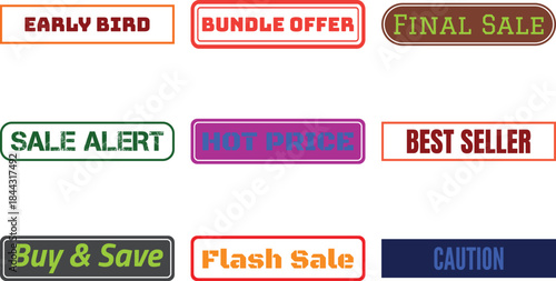 Nine colorful sale and discount labels and stickers on a white background