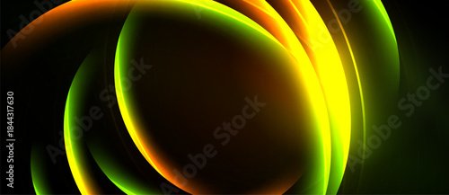 Abstract neon lines create glowing curves, vibrant colors blend into darkness. Smooth gradients suggest energy, movement, depth.