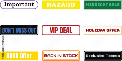 Various colored stickers with promotional text on transparent background