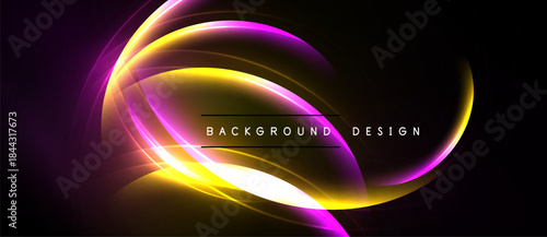 Abstract design features vibrant purple, yellow light curves over black background. Text reads background design. Smooth gradients create dynamic visual effect.