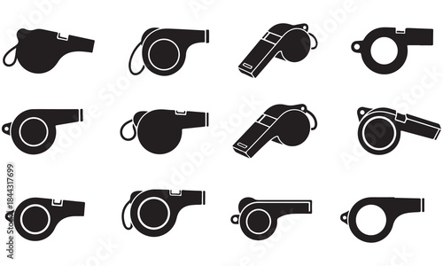 Collection of Black Whistle Icons on White Background