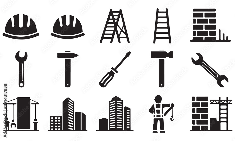 Fototapeta premium Construction and Building Icons: Tools, Helmets, and Structures
