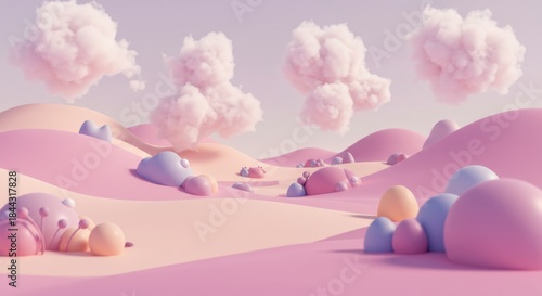 Dreamy Pastel Landscape with Pink Hills and Fluffy Clouds in a Soft Light