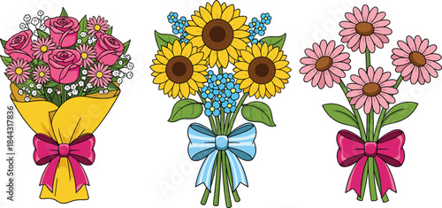 Colorful floral bouquet illustration set featuring roses, sunflowers, daisies, and blue blossoms wrapped with decorative ribbons for cheerful botanical and creative vector design projects.