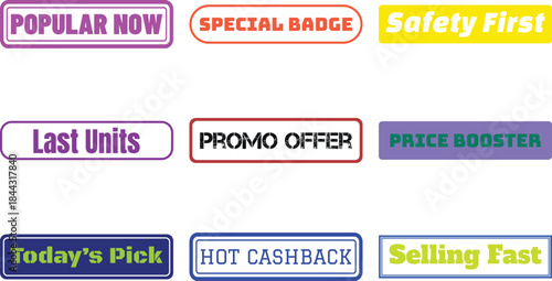 Set of colorful badge labels with various phrases isolated on a transparent background