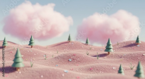Whimsical Pink Landscape with Soft Hills and Playful Clouds Rendered in Pastel Tones