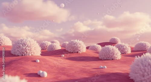 Dreamy Pink Landscape with White Spherical Shrubs and Cloudy Sky Scenery