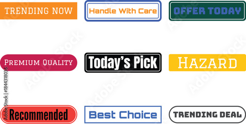 Set of vibrant label stickers with various messages isolated on a transparent background