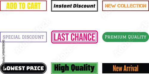 Set of colorful label stickers with various texts isolated on a transparent background