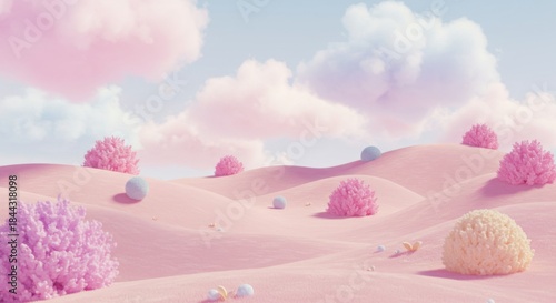 Dreamy Pink Landscape with Pastel Clouds and Abstract Terrain Rendered in Digital Art Style