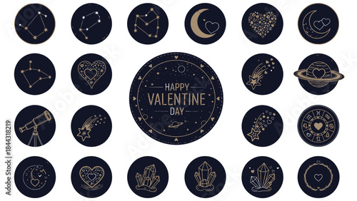 Valentine's Day themed astrology and crystal icons on white background