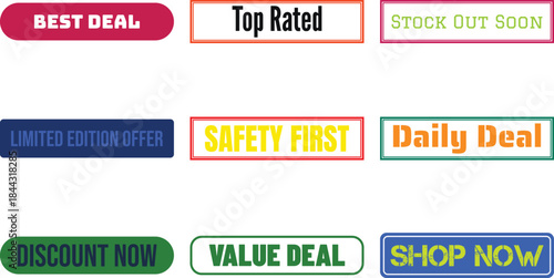 Six colorful badge graphics with promotional text for sales and deals used in online shopping