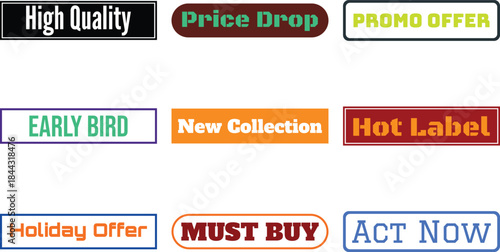 A collection of colorful promotional badges with various text labels for marketing and sales offers on white background