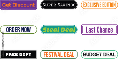 Bright colorful badges with promotional text phrases isolated on white background