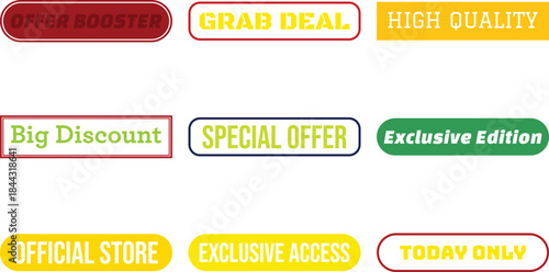 Colorful promotional badges with bold text labels for sales discounts and special offers on a white background