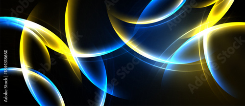 Abstract glowing lines, blue, yellow hues dominate dark background. Smooth curves create dynamic visual effect. Brightness contrasts sharply.