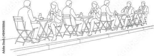 People sitting at cafe tables outdoors