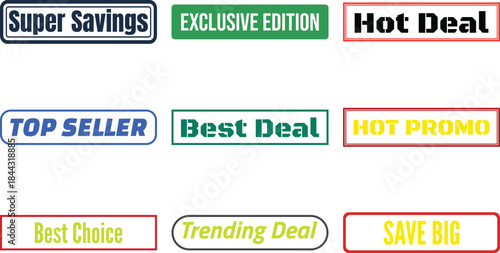 Six colorful badge designs featuring textual promotions for discounts and exclusive deals displayed on white background
