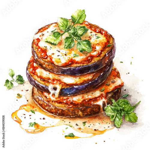 Eggplant Parmesan, watercolor illustration, vector style, isolated on a white background.