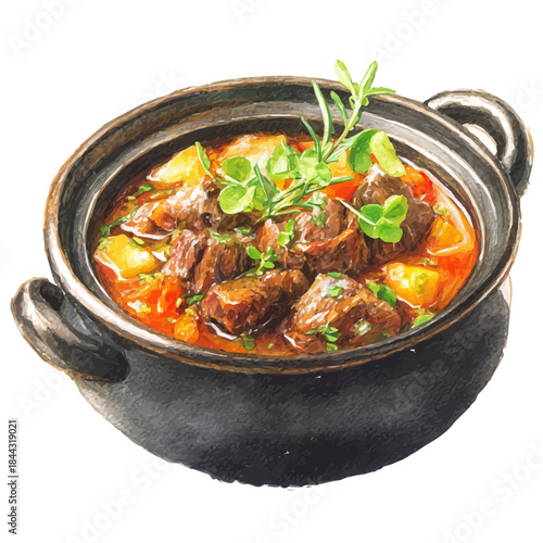 Watercolor painting of Lamb Stew, vector illustration, isolated on white background.