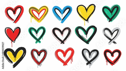 Collection of vibrant grunge brushstroke heart shapes with paint drips, expressive graphic art