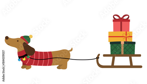 Dachshund Dog Pulling Sleigh with Stacked Gift Boxes Vector