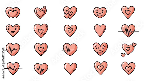 Collection of diverse heart icons symbolizing love, emotions, and health concepts