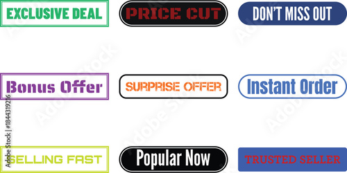Set of nine colorful promotional badges with various labels isolated on a transparent background