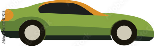 Green sports car with orange accents on white background