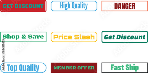 Multiple vibrant buttons with textual promotions arranged on clean background