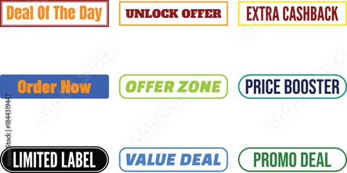 Bright colorful banners displaying various textual promotions such as deals offers and discounts on white background