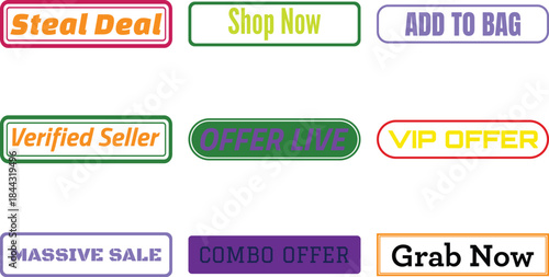 Colorful promotional buttons with bold text for deals and shopping actions displayed on a white background