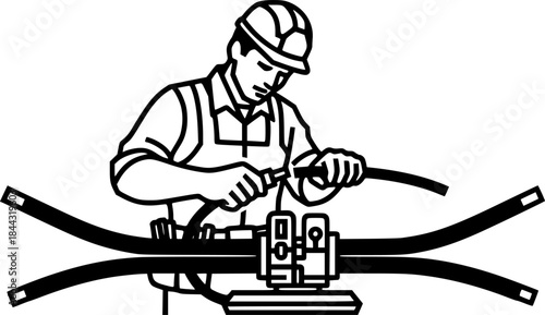 Fiber optic technician man splicing high speed internet cables vector icon
