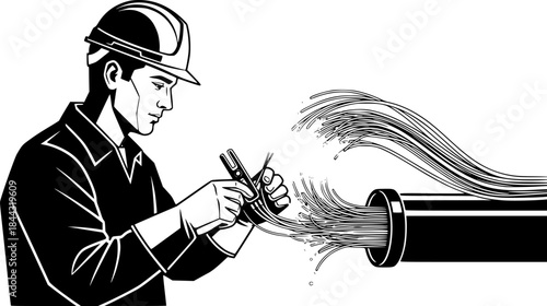 Fiber optic technician man splicing high speed internet cables vector icon
