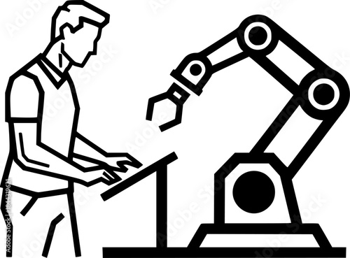 Robotics engineer man testing industrial automation robot arm vector icon
