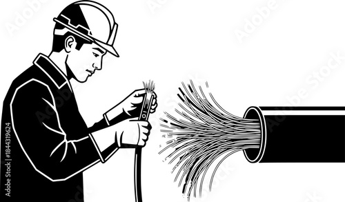 Fiber optic technician man splicing high speed internet cables vector icon
