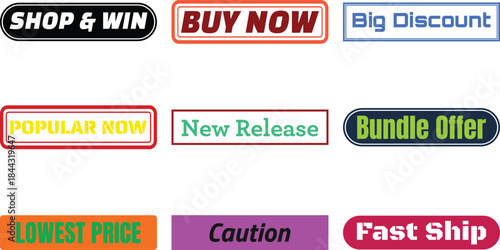 collection of colorful promotional labels and buttons isolated on white background