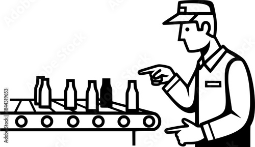 Quality control inspector man checking products on factory conveyor belt vector icon

