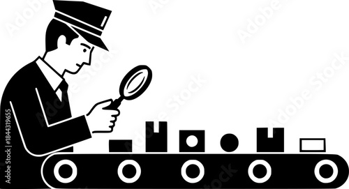 Quality control inspector man checking products on factory conveyor belt vector icon
