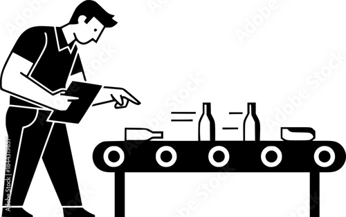 Quality control inspector man checking products on factory conveyor belt vector icon
