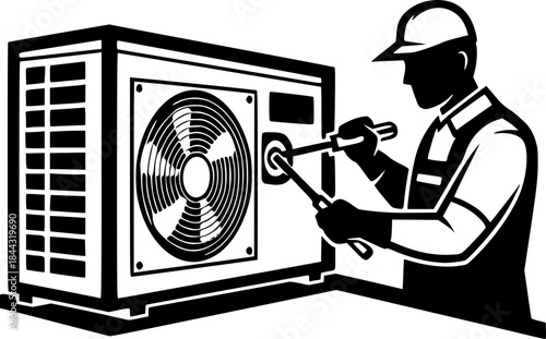 HVAC technician man repairing outdoor air conditioning unit vector icon
