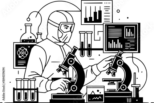 Bioengineer man in sterile suit working with technology in lab vector icon
