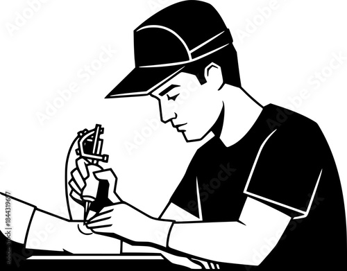 Tattoo artist man working with machine on client arm vector icon
