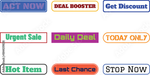 Collection of vibrant promotional labels isolated on a transparent background