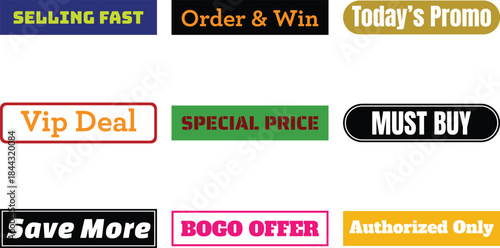 Collection of various promotional labels isolated on a transparent background