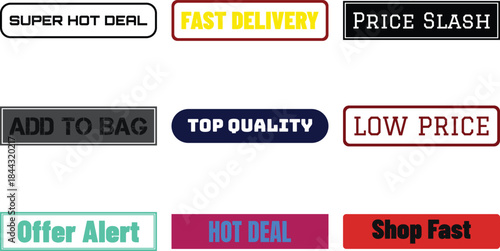 Six colorful badges featuring promotional phrases such as super hot deal fast delivery and price slash for online shopping