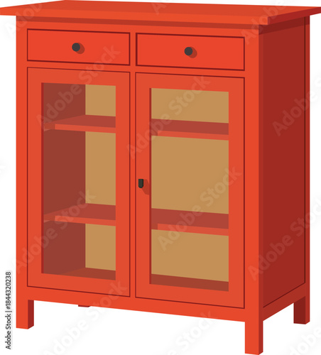 Vibrant red cabinet with glass doors and drawers for stylish storage