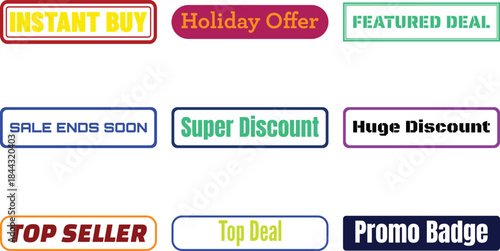 A collection of vibrant sale and discount badges featuring texts like Instant Buy Holiday Offer and Featured Deal on white background