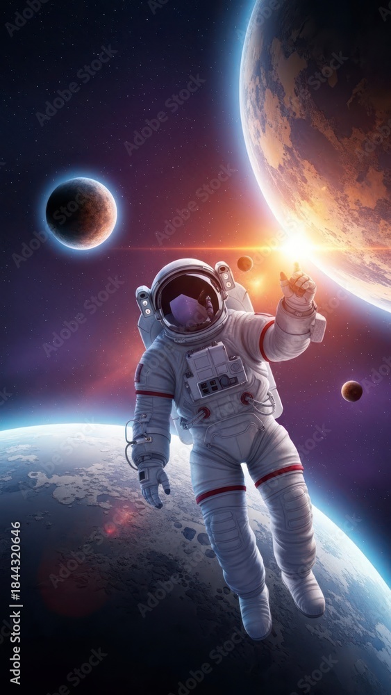 Fototapeta premium Astronaut floating in space with planets and glowing sunlight